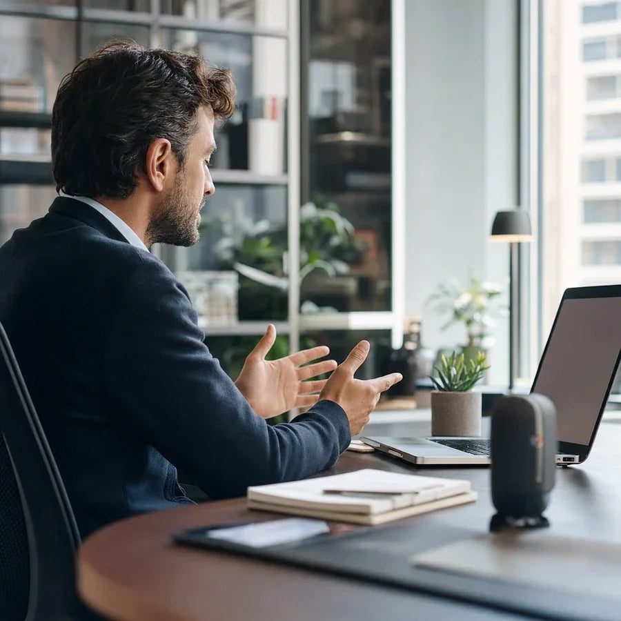 European professional using a voice-based conversational AI workflow in a modern office.
