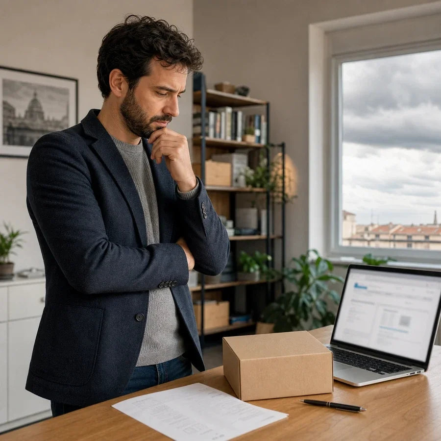 Uomo pensieroso davanti al laptop mentre valuta HeyPocket, con un pacco sulla scrivania