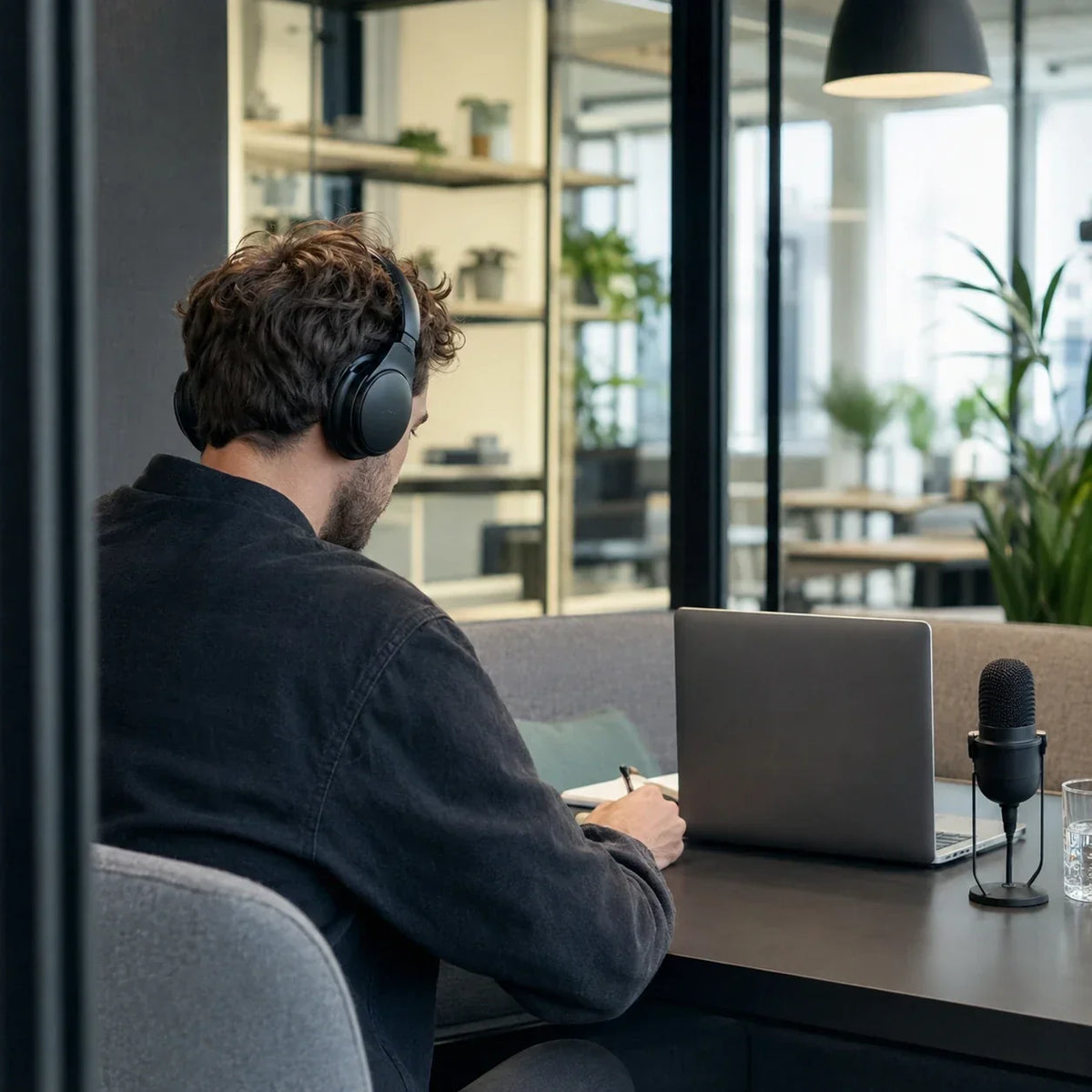 Uomo con cuffie che lavora al laptop con microfono da podcast sulla scrivania, in un ufficio moderno