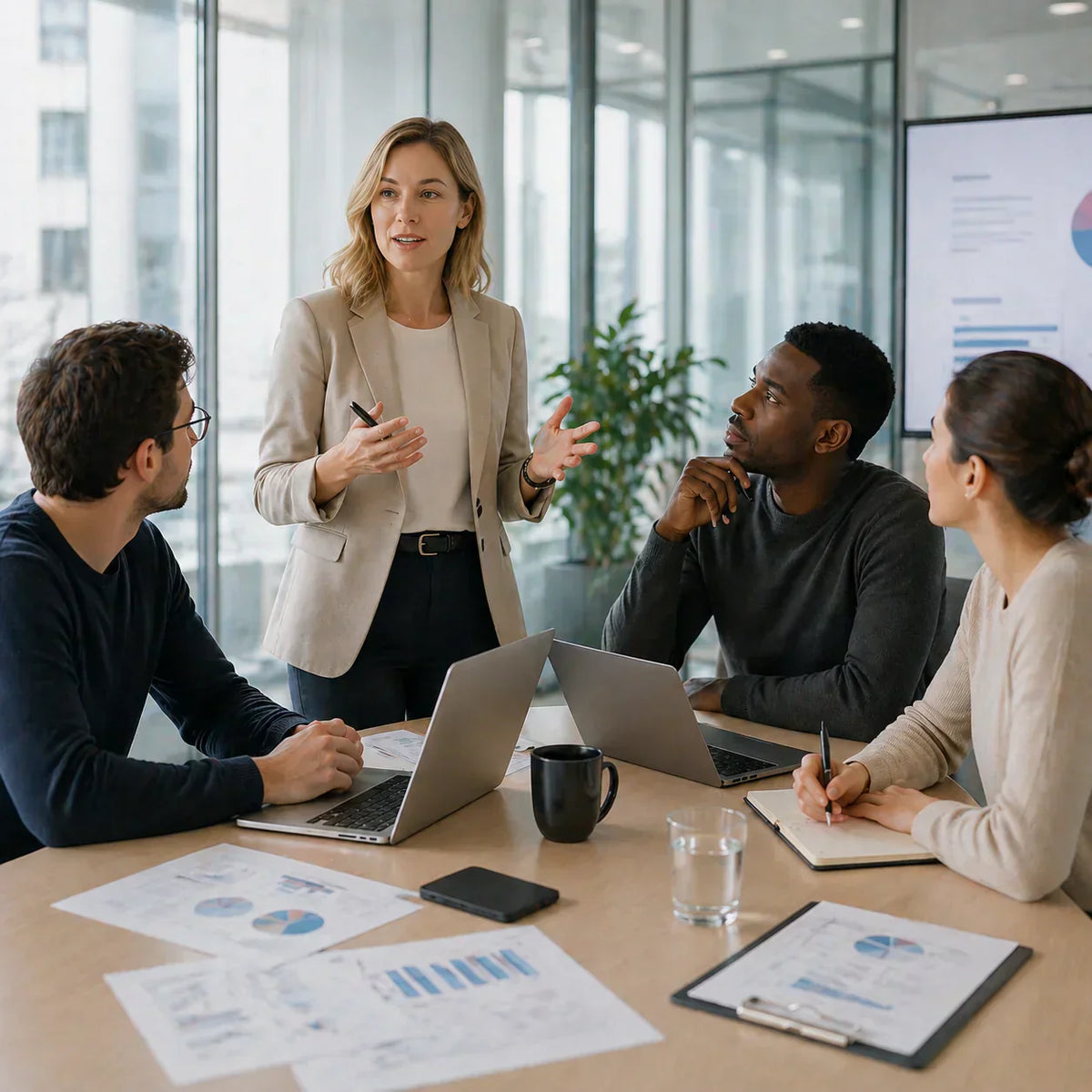 Team internazionale durante una riunione di lavoro con laptop e grafici, scenario ideale per usare un registratore vocale ai per Microsoft Teams