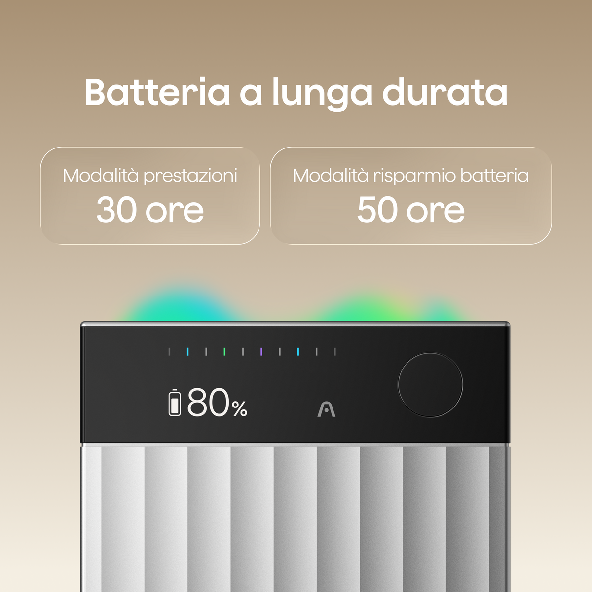 Plaud Note Pro mostra l'80% di carica; il testo indica 30 ore di autonomia in modalità prestazioni e 50 ore in risparmio batteria.
