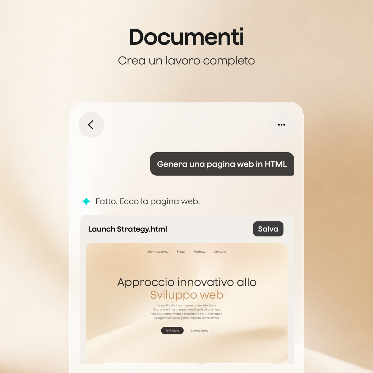 L'interfaccia mostra come creare un lavoro completo generando una pagina web HTML tramite un semplice comando testuale in chat.