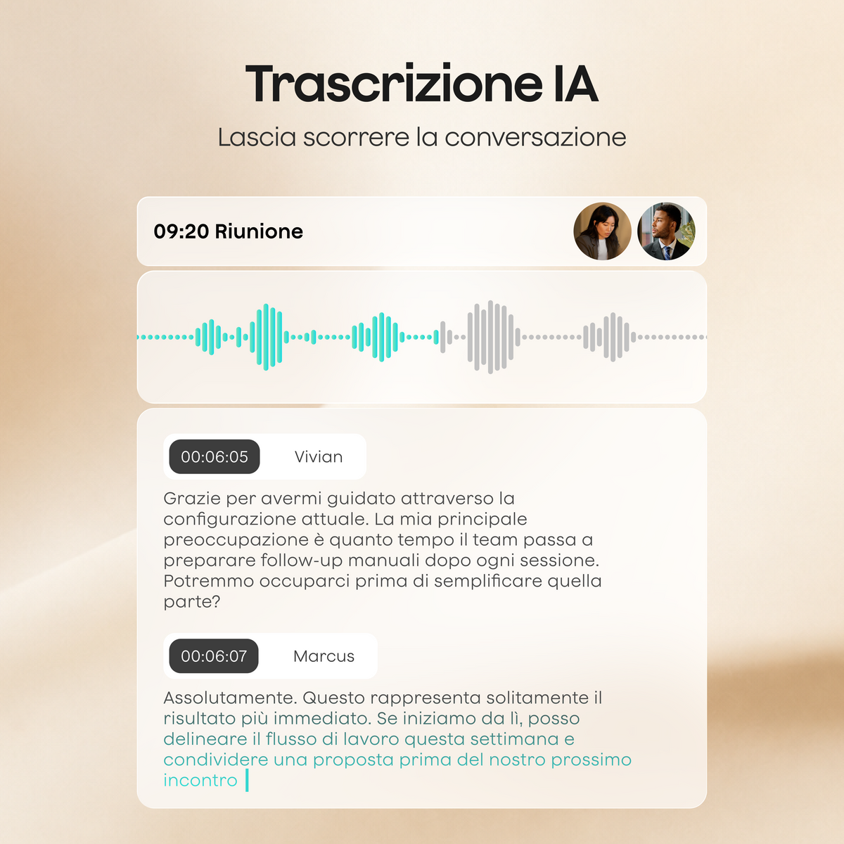 L'interfaccia dell'app Plaud mostra la trascrizione IA di una riunione con una forma d'onda audio e i dialoghi tra Vivian e Marcus.