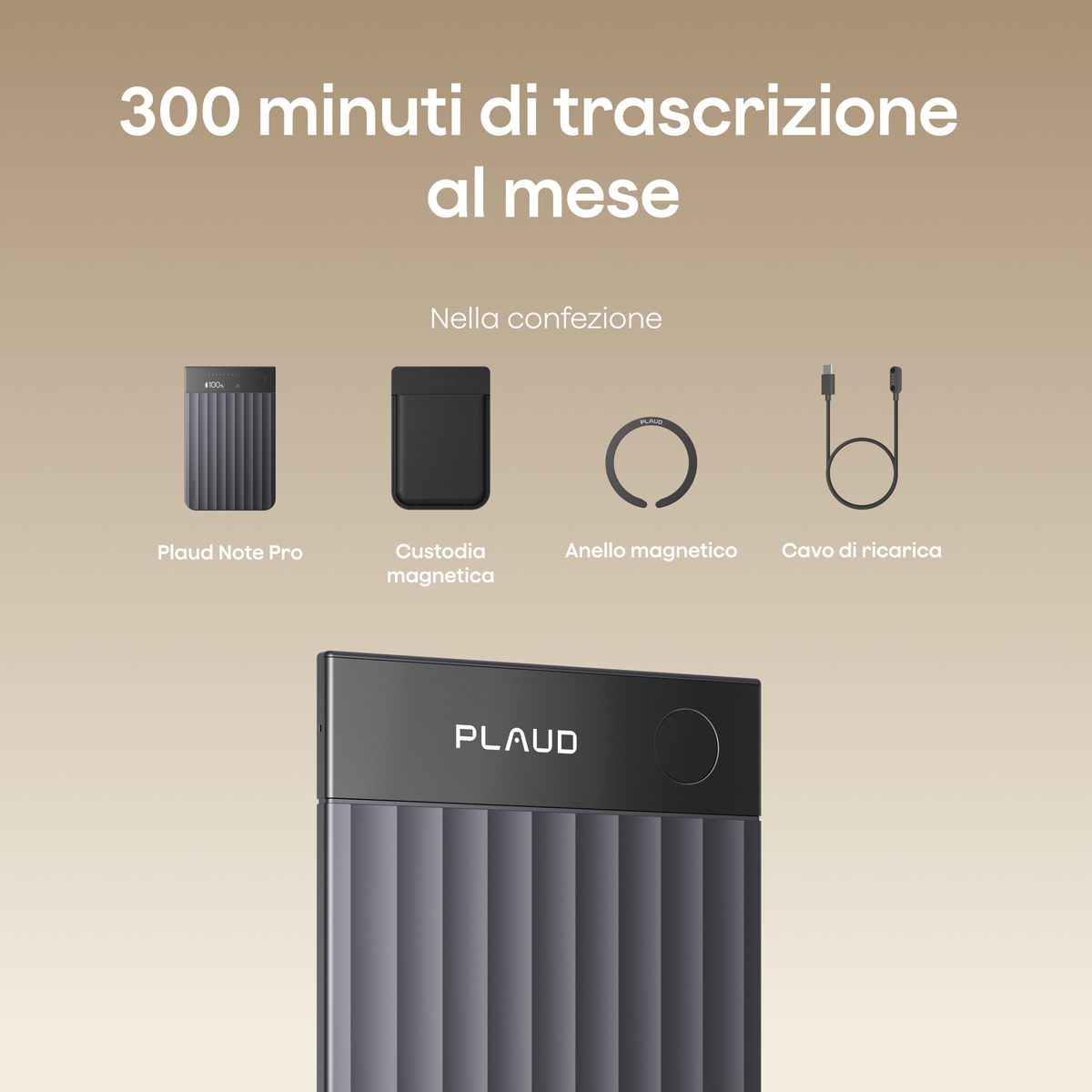 Plaud Note Pro grigio con 300 minuti di trascrizione mensili, custodia, anello magnetico e cavo di ricarica inclusi.