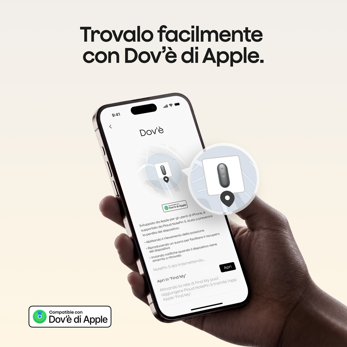 Un iPhone mostra l'app Dov'è di Apple per localizzare un Plaud NotePin S grigio, evidenziando la compatibilità con la rete Find My.