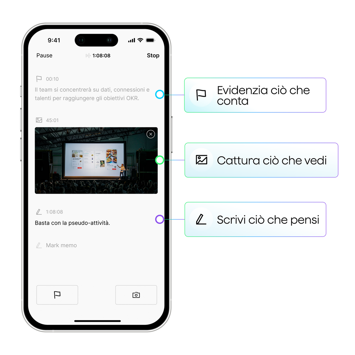 Plaud App su smartphone mostra le funzioni: evidenziare, catturare immagini e aggiungere note a una trascrizione.