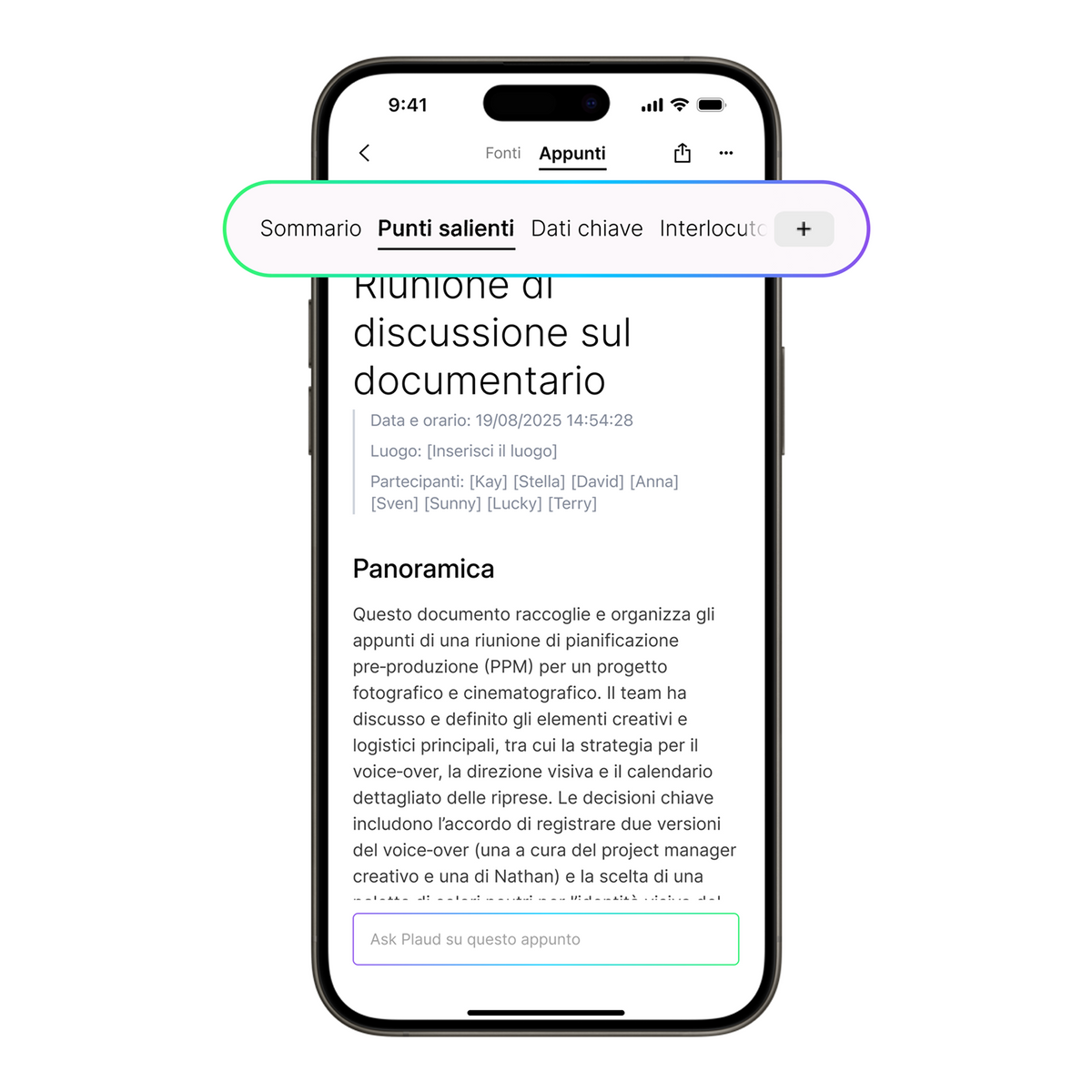Schermata dell'app Plaud su smartphone, con riassunto riunione e la sezione 'Punti salienti' evidenziata.