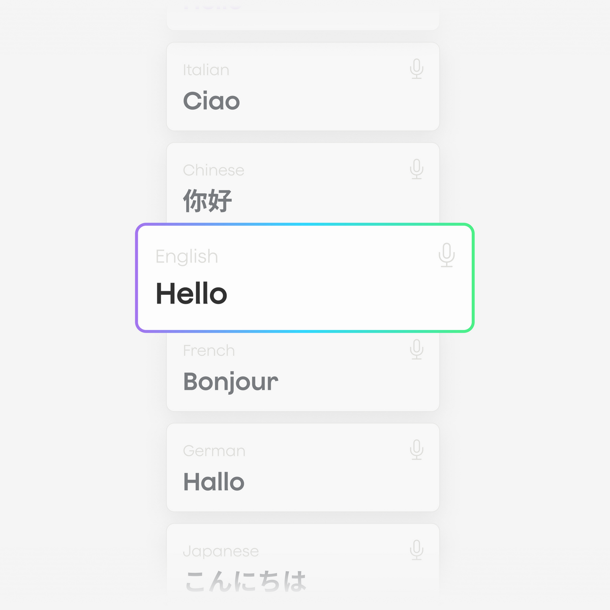 Interfaccia utente con elenco di lingue e saluti. "English Hello" è evidenziato con un bordo colorato.