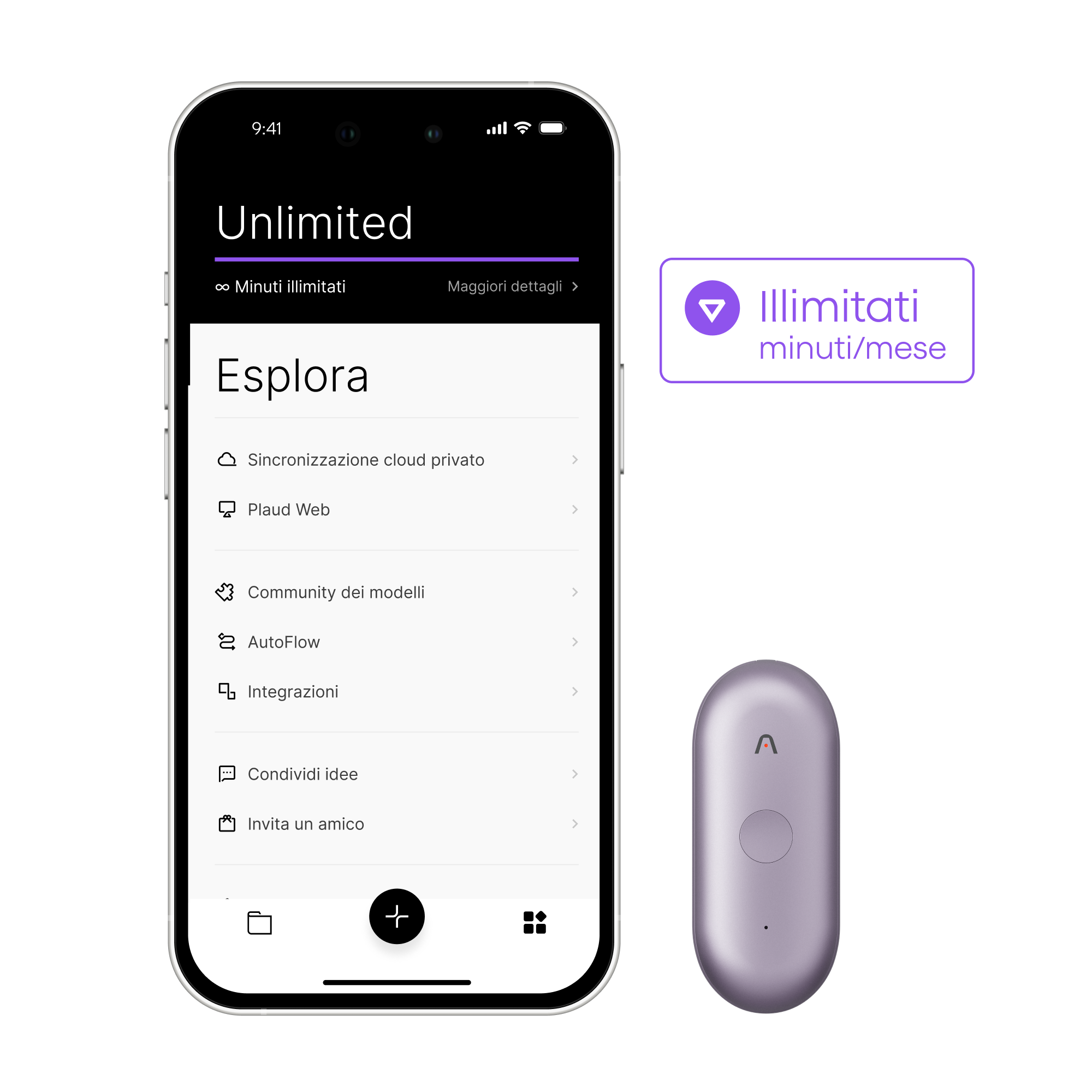 Interfaccia Plaud App su smartphone che mostra il piano Unlimited e la sezione Esplora, con un Plaud NotePin lavanda.