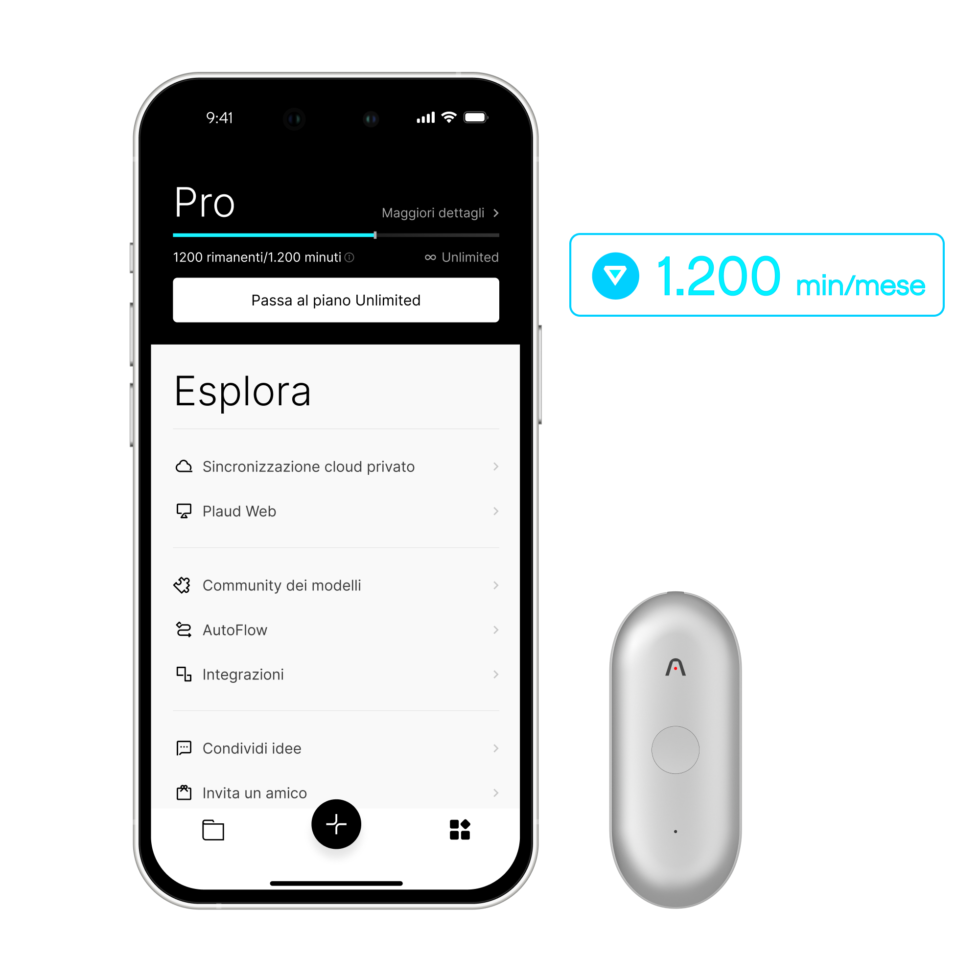 Plaud NotePin S bianco e Plaud App con piano da 1.200 minuti/mese e funzionalità esplorabili.