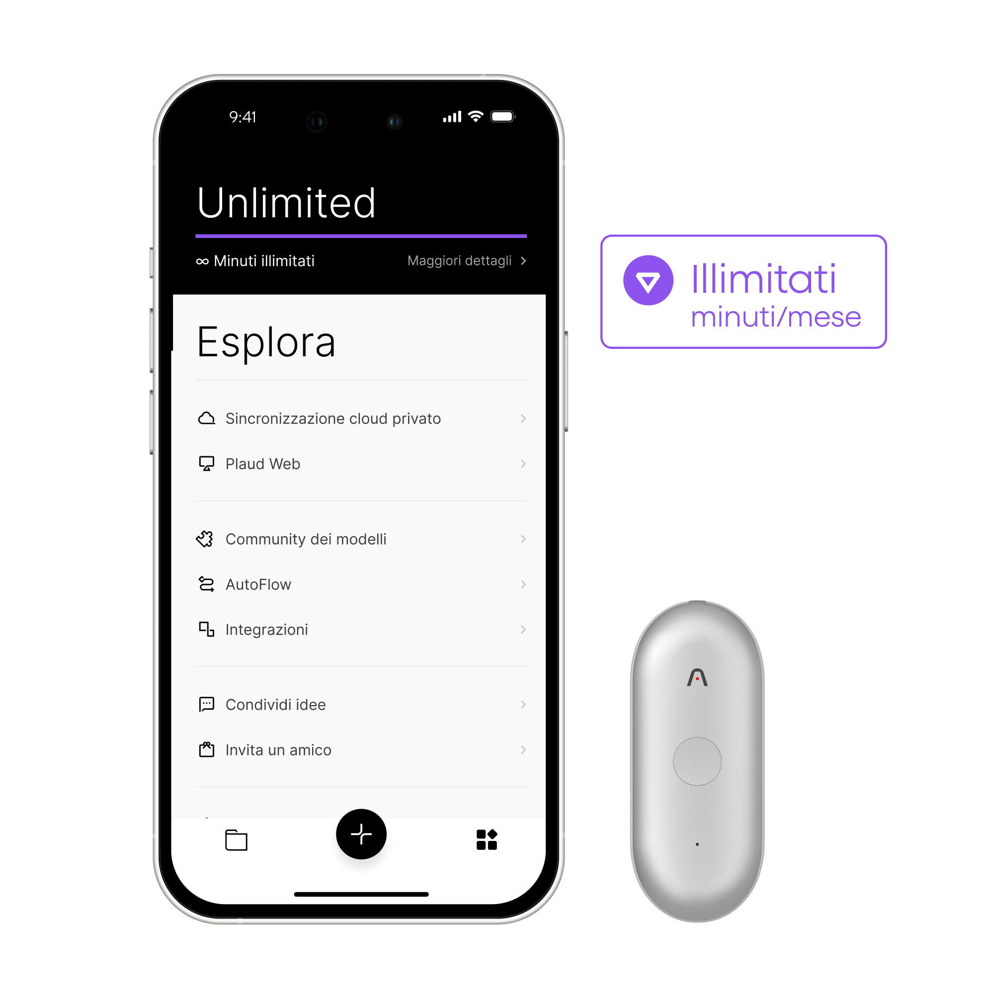 Plaud App su smartphone mostra il piano Unlimited con funzionalità come sincronizzazione cloud. Accanto, un Plaud NotePin bia