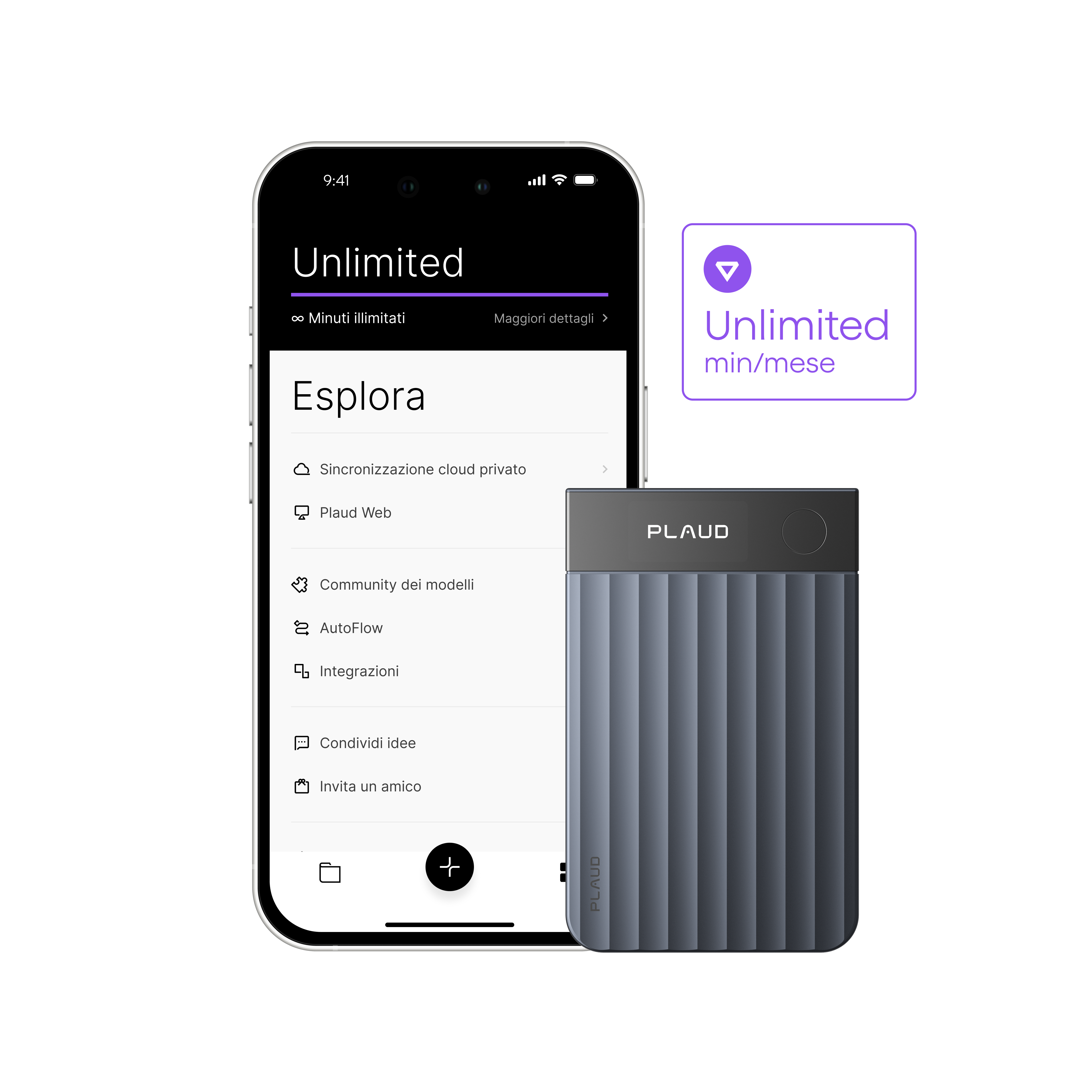 Plaud Note Pro grigio con l'app Plaud che mostra il piano Unlimited e le funzionalità Esplora.