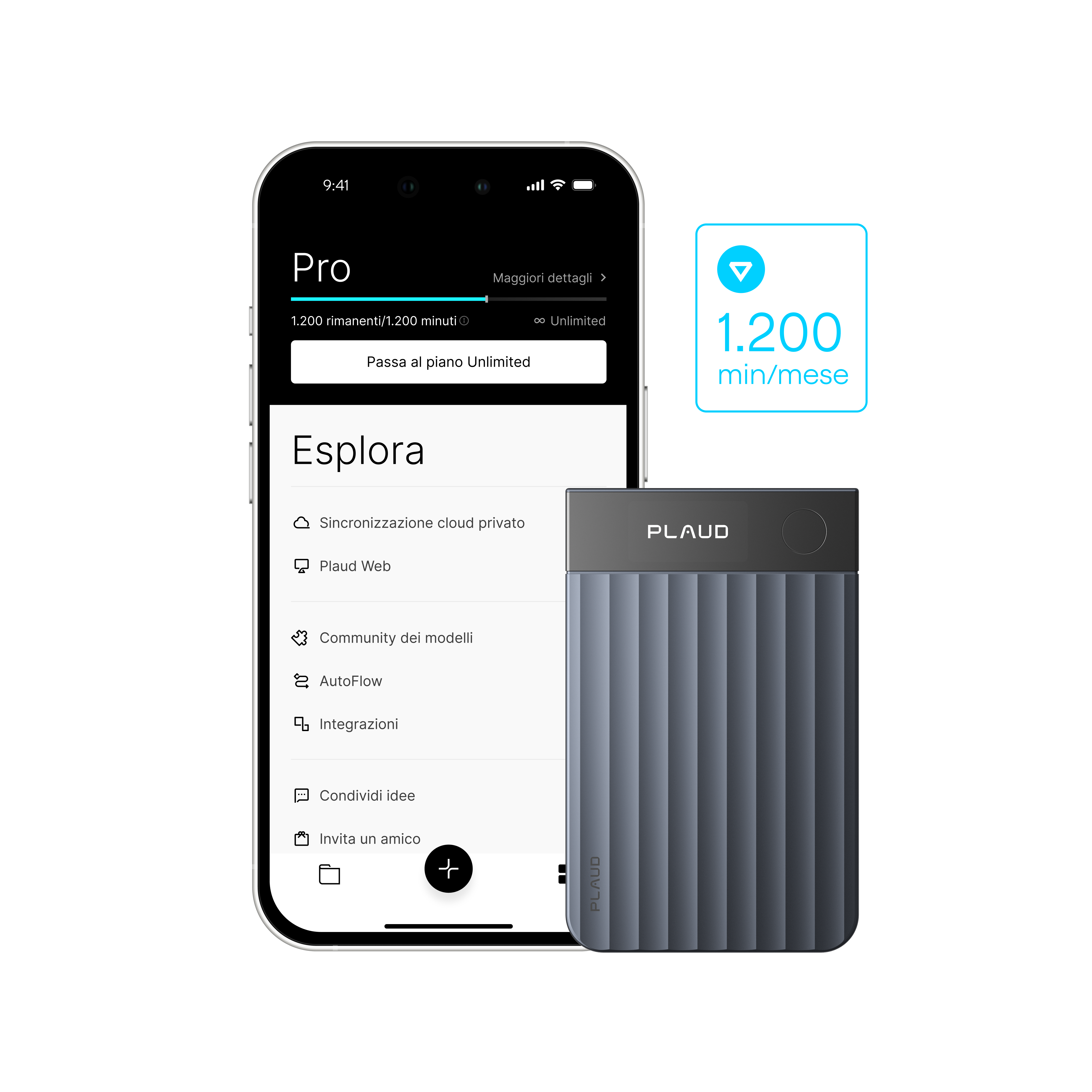App Plaud con piano Pro (1200 min/mese) e Plaud Note Pro grigio-blu. Dettagli su sincronizzazione cloud e altre funzioni.