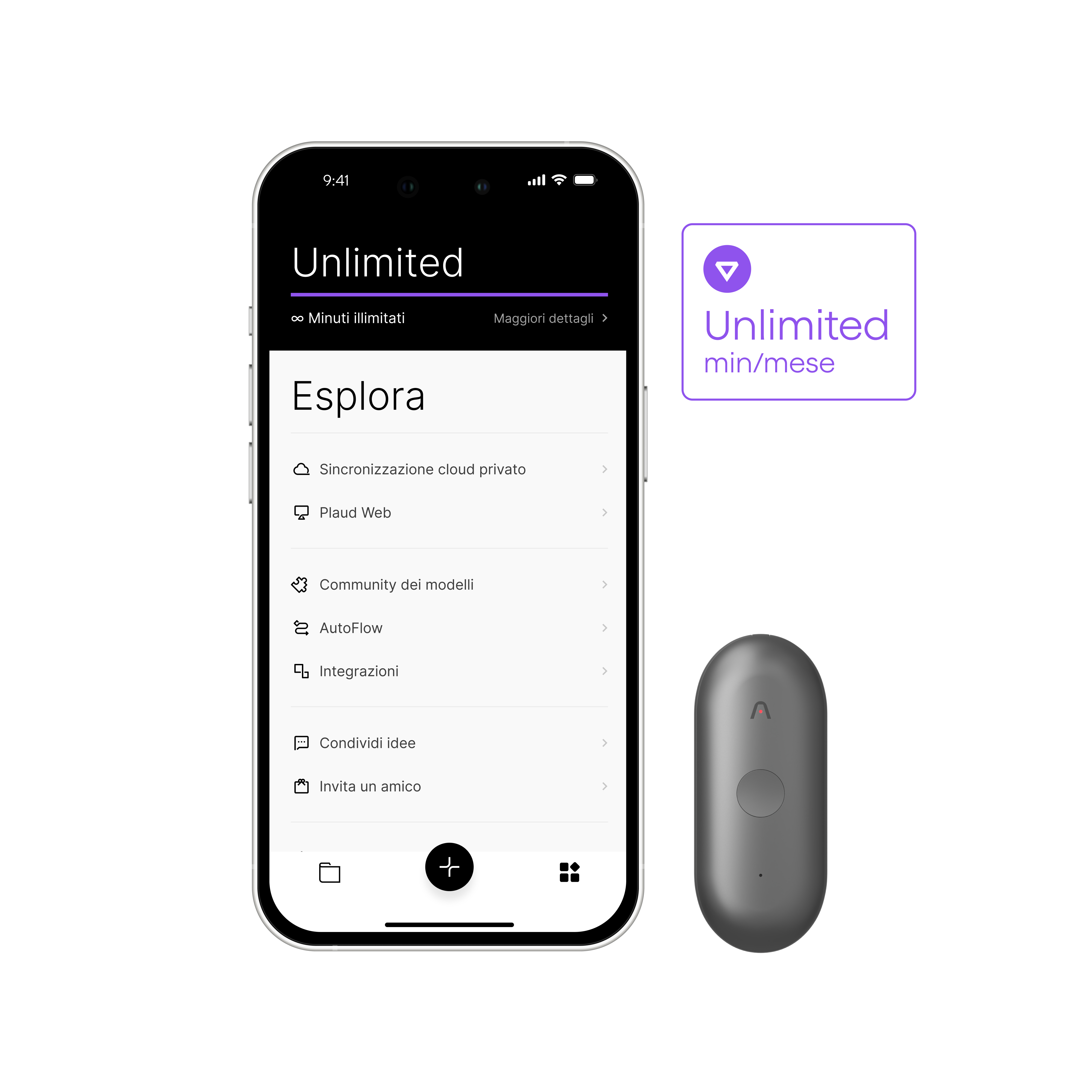 Plaud NotePin grigio accanto a uno smartphone che mostra l'app Plaud con il piano Unlimited e le funzionalità Esplora.