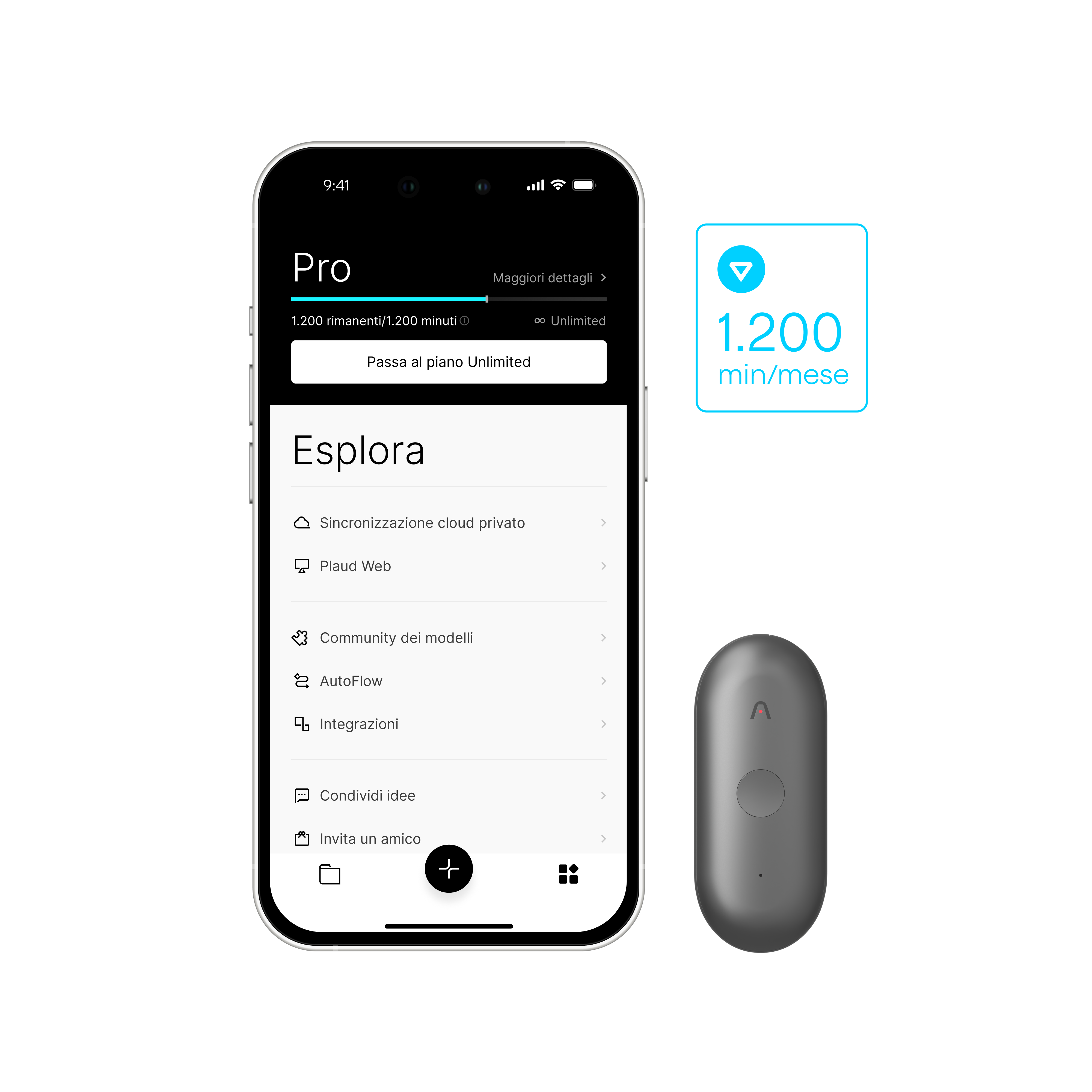 Schermata Plaud App: piano con 1200 min/mese e opzioni