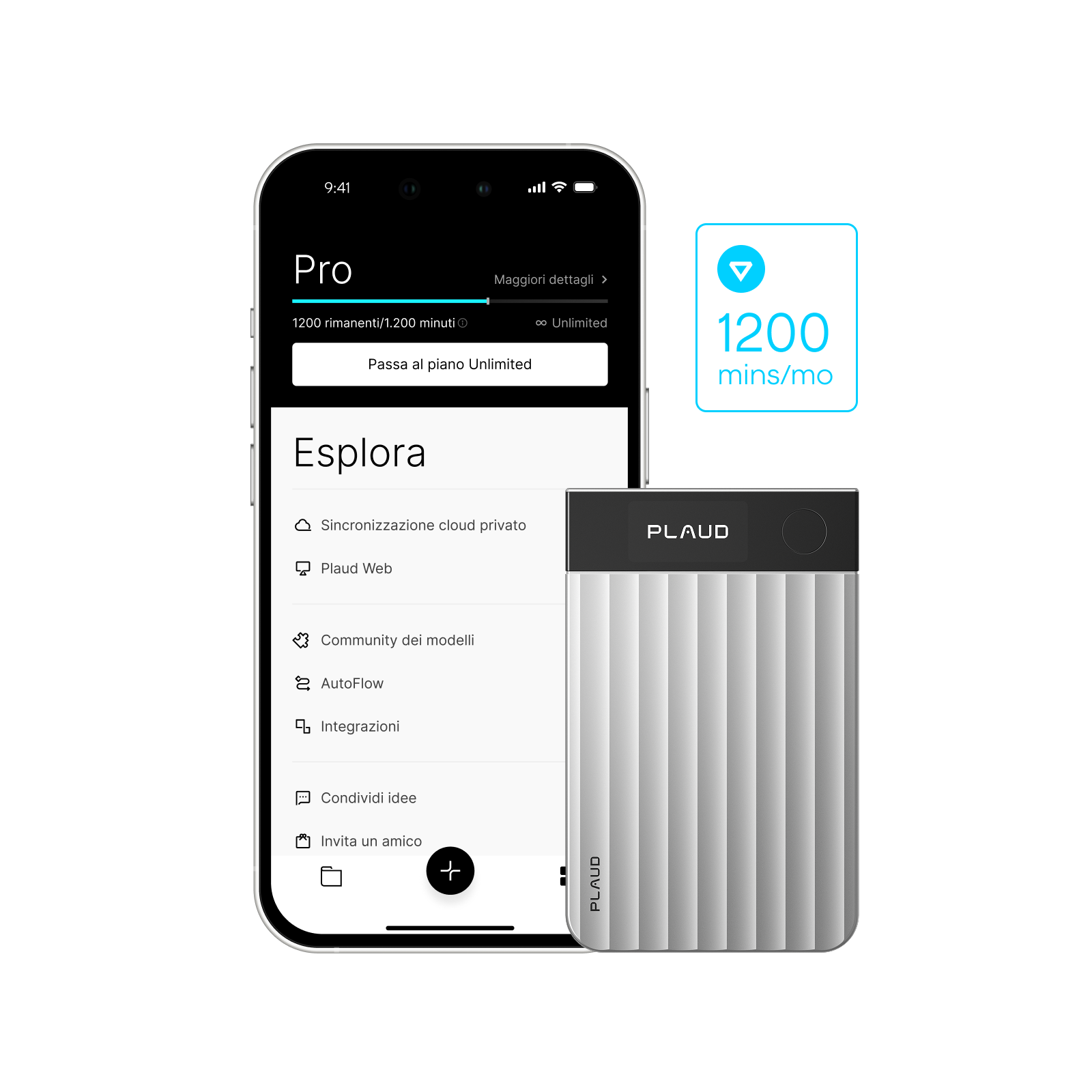 Plaud Note Pro argento con app Plaud che mostra il piano Pro da 1200 minuti/mese e funzionalità.