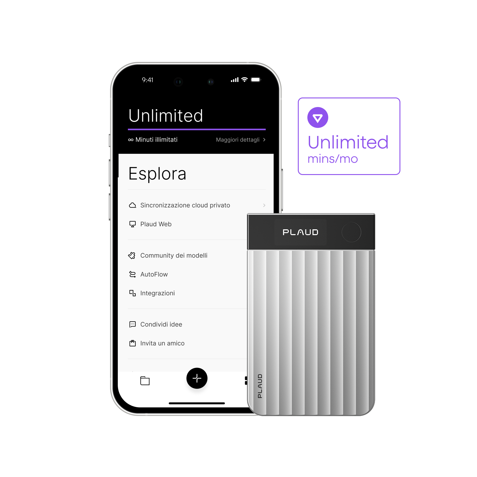 Plaud Note Pro grigio/nero con l'app Plaud su smartphone che mostra il piano Unlimited con minuti illimitati.