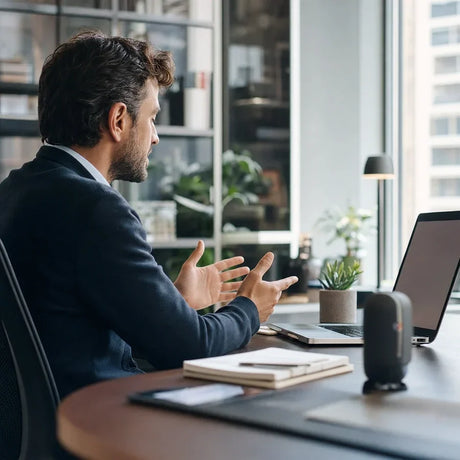 European professional using a voice-based conversational AI workflow in a modern office.