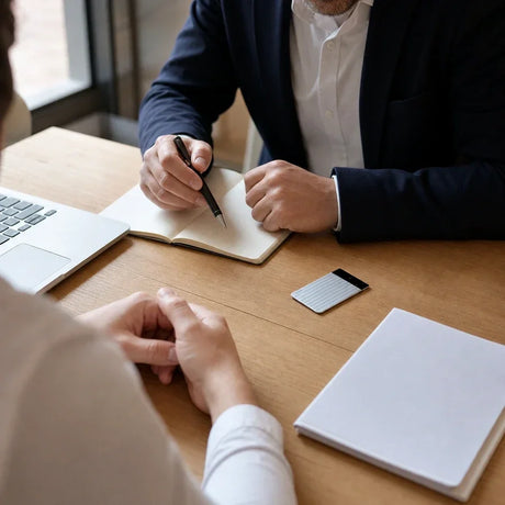 Plaud Note Pro recording a one-on-one professional conversation for automatic transcription.