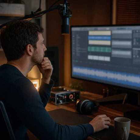 Persona con cuffie che trascrive un audio su più monitor