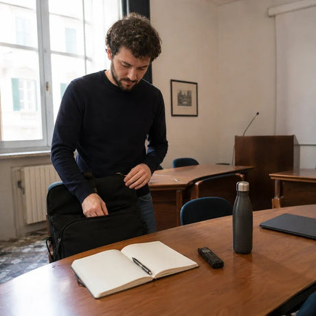 Uomo prepara la borsa da lavoro con un registratore vocale sul tavolo