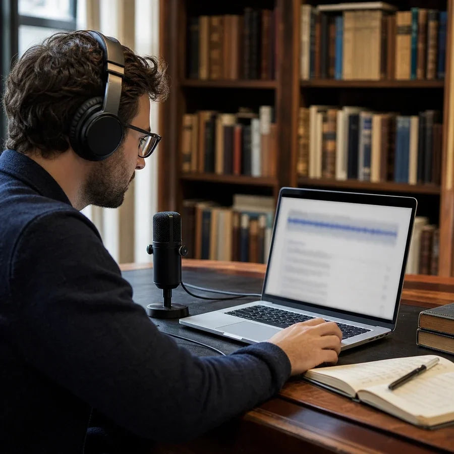 Persona con cuffie che lavora al computer con un microfono sulla scrivania