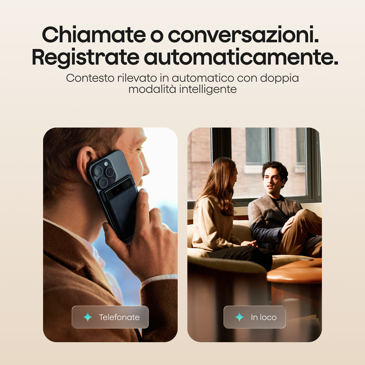 Un uomo usa Plaud Note Pro su uno smartphone e due persone conversano; il testo descrive la registrazione automatica di chiamate e incontri.