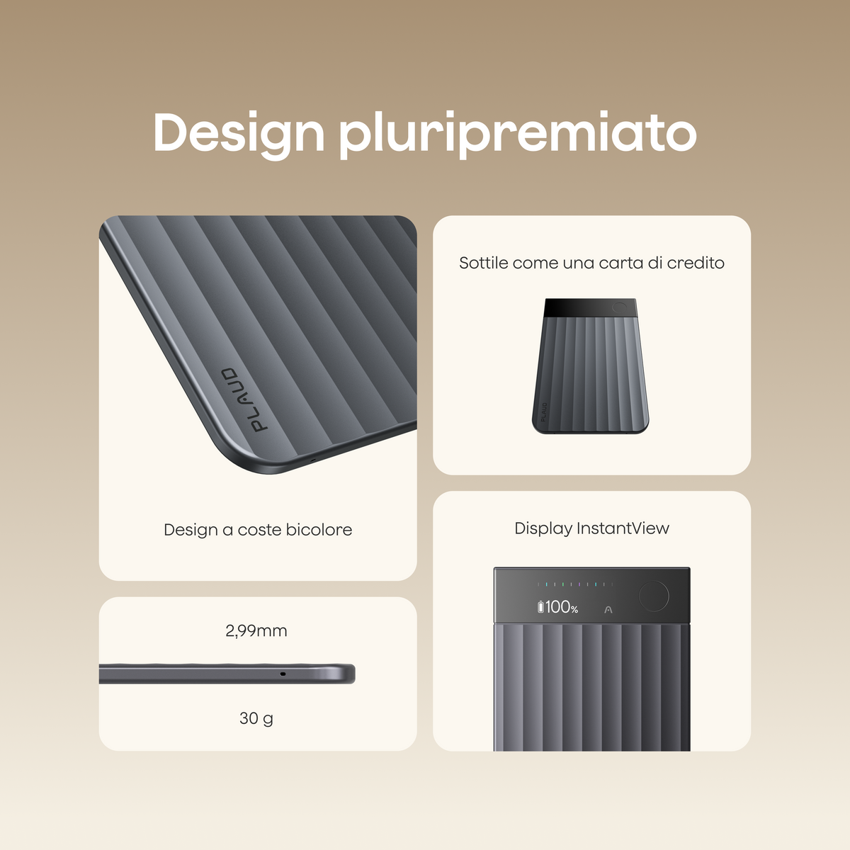 Plaud Note Pro grigio presenta un design pluripremiato a coste bicolore, uno spessore di 2,99 mm, un peso di 30 g e un display InstantView.