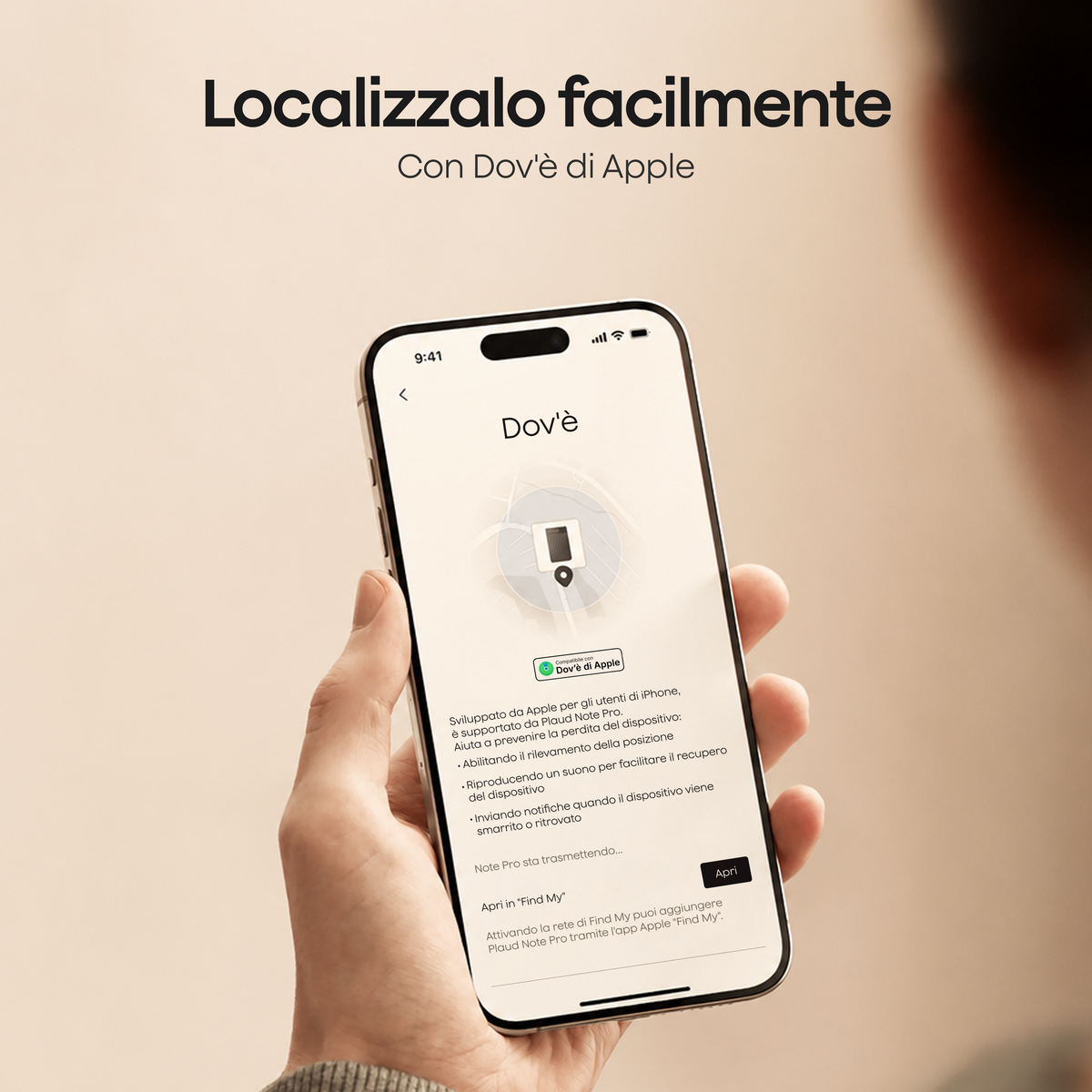 Uno smartphone mostra l'app Dov'è di Apple utilizzata per localizzare facilmente la posizione di un Plaud Note Pro su una mappa.