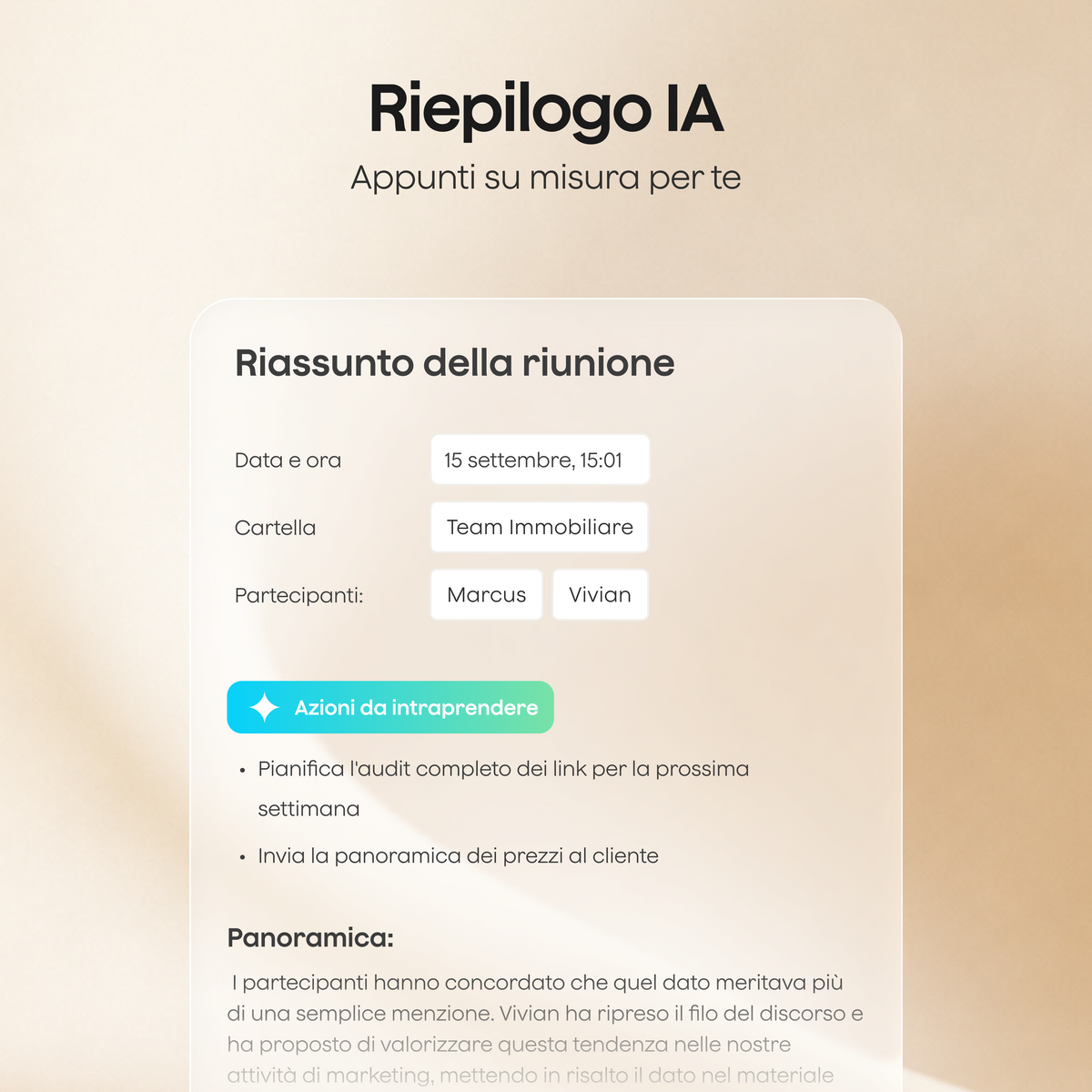 Un'interfaccia di Plaud mostra un riepilogo IA con il riassunto di una riunione, i partecipanti e un elenco di azioni da intraprendere.