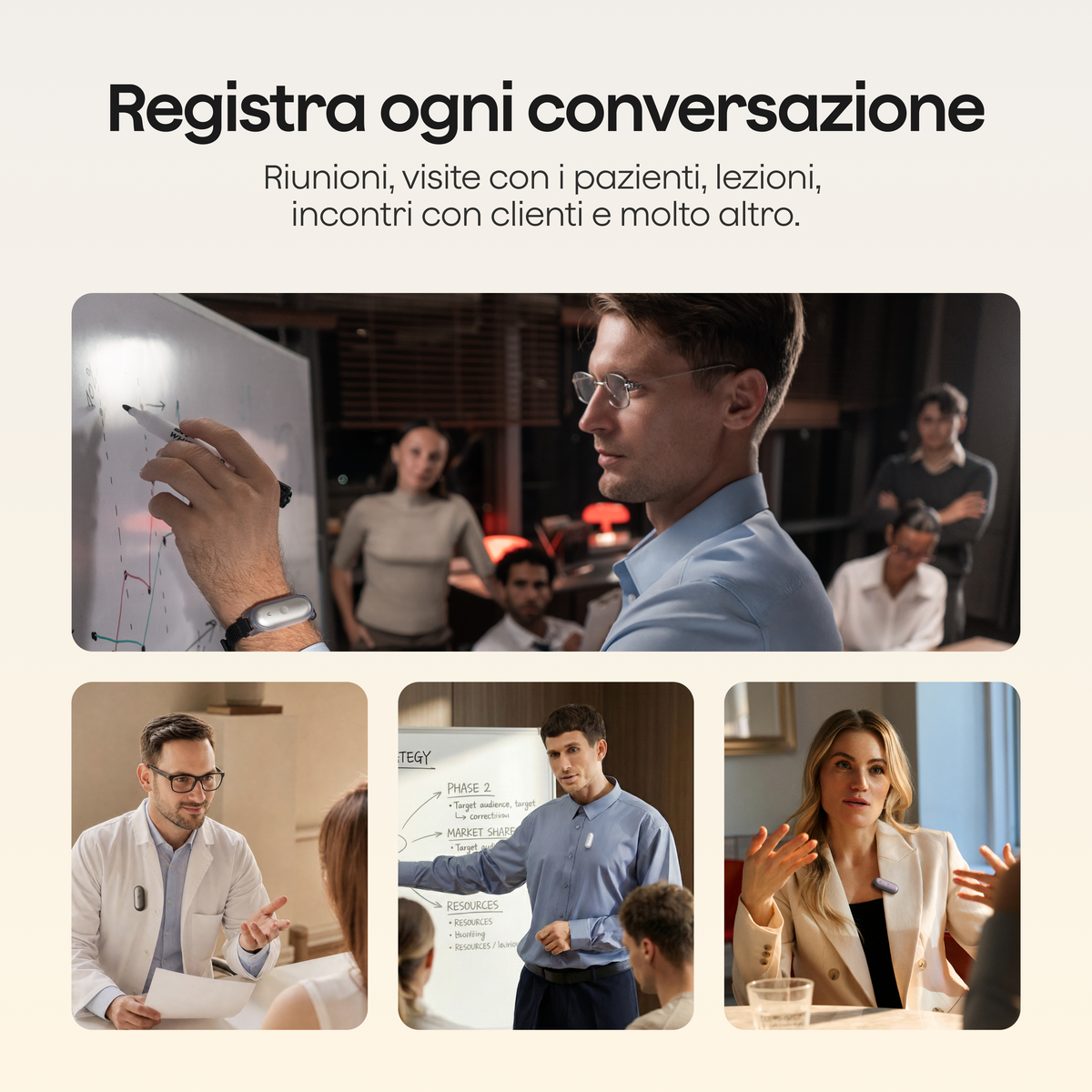 Professionisti utilizzano Plaud NotePin in vari colori per registrare ogni conversazione durante riunioni, visite mediche e lezioni.