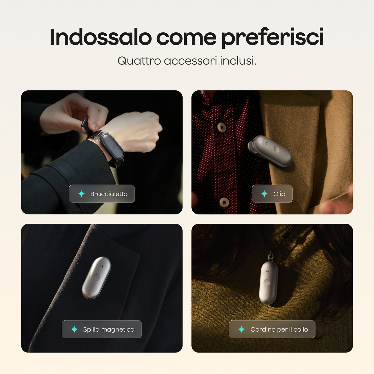 Plaud NotePin S può essere indossato come braccialetto, con clip, spilla magnetica o cordino grazie ai quattro accessori inclusi.