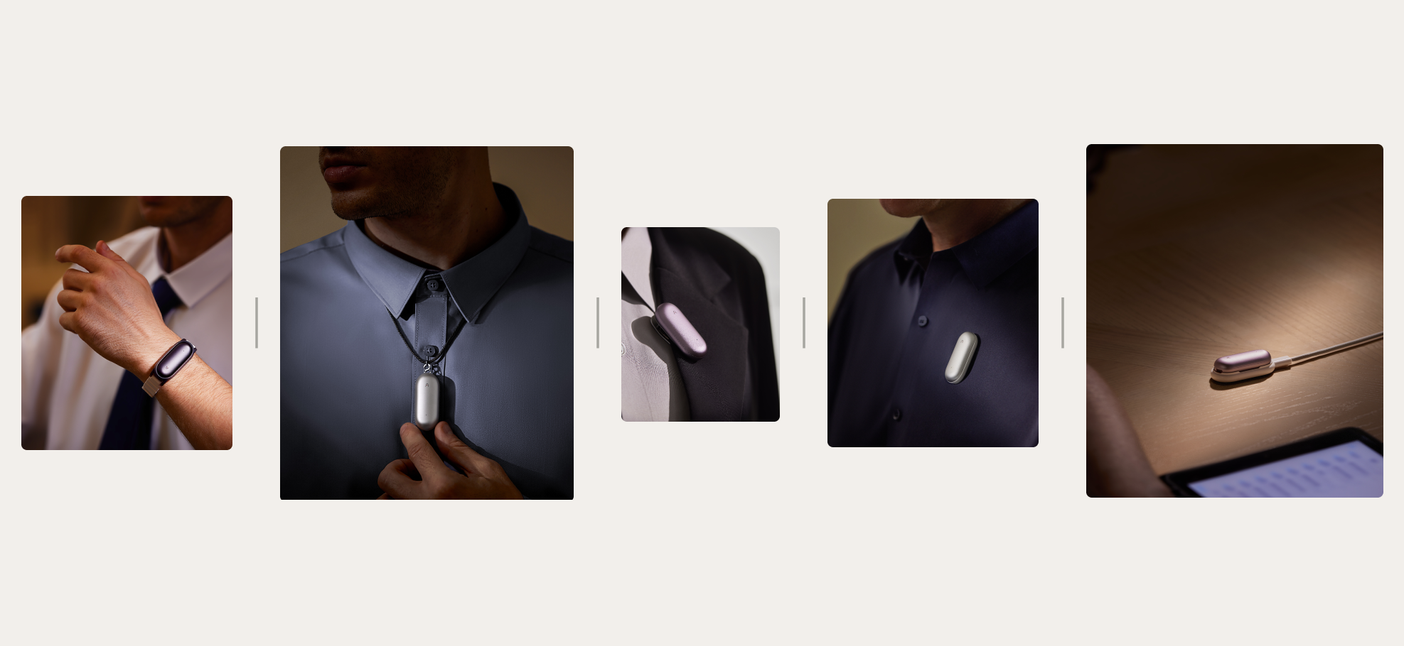 Plaud NotePin e NotePin S indossati come bracciale, collana, spilla e in carica, mostrando la versatilità.