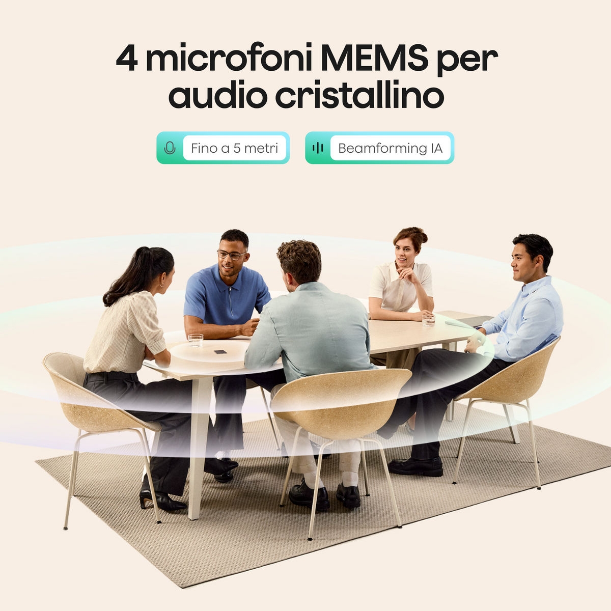 Cinque professionisti in riunione attorno a un tavolo con un Plaud Note Pro che cattura l'audio fino a 5 metri con beamforming IA.