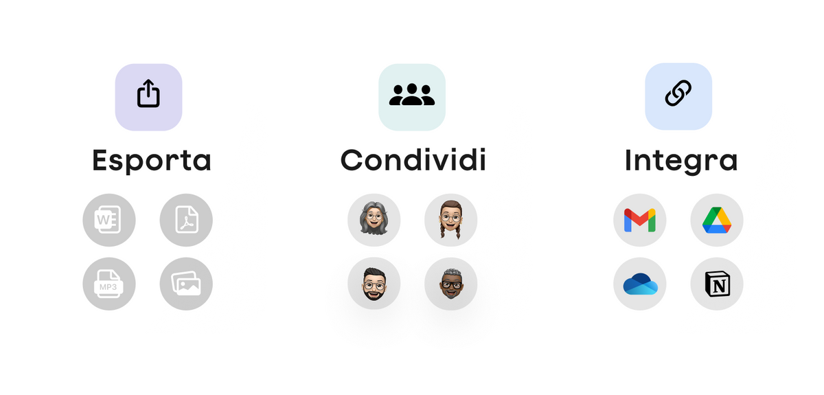 Plaud App: esporta file (Word, PDF, MP3, immagine), condividi con utenti, integra con Gmail, Drive, OneDrive, Notion.