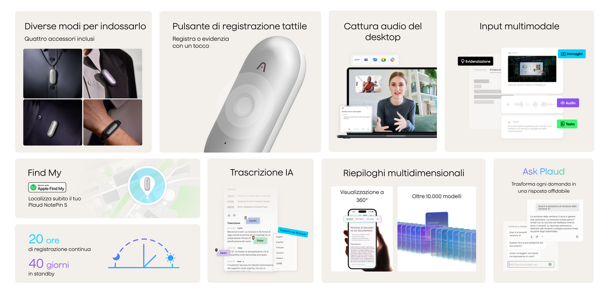 Plaud NotePin S: indossabilità, registrazione tattile, trascrizione IA, riepiloghi, Find My e autonomia.