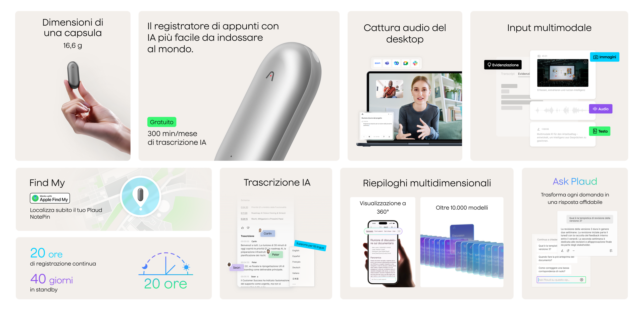 Panoramica Plaud NotePin: dimensioni, trascrizione IA gratuita, cattura audio desktop, Find My, riepiloghi, Ask Plaud e auton