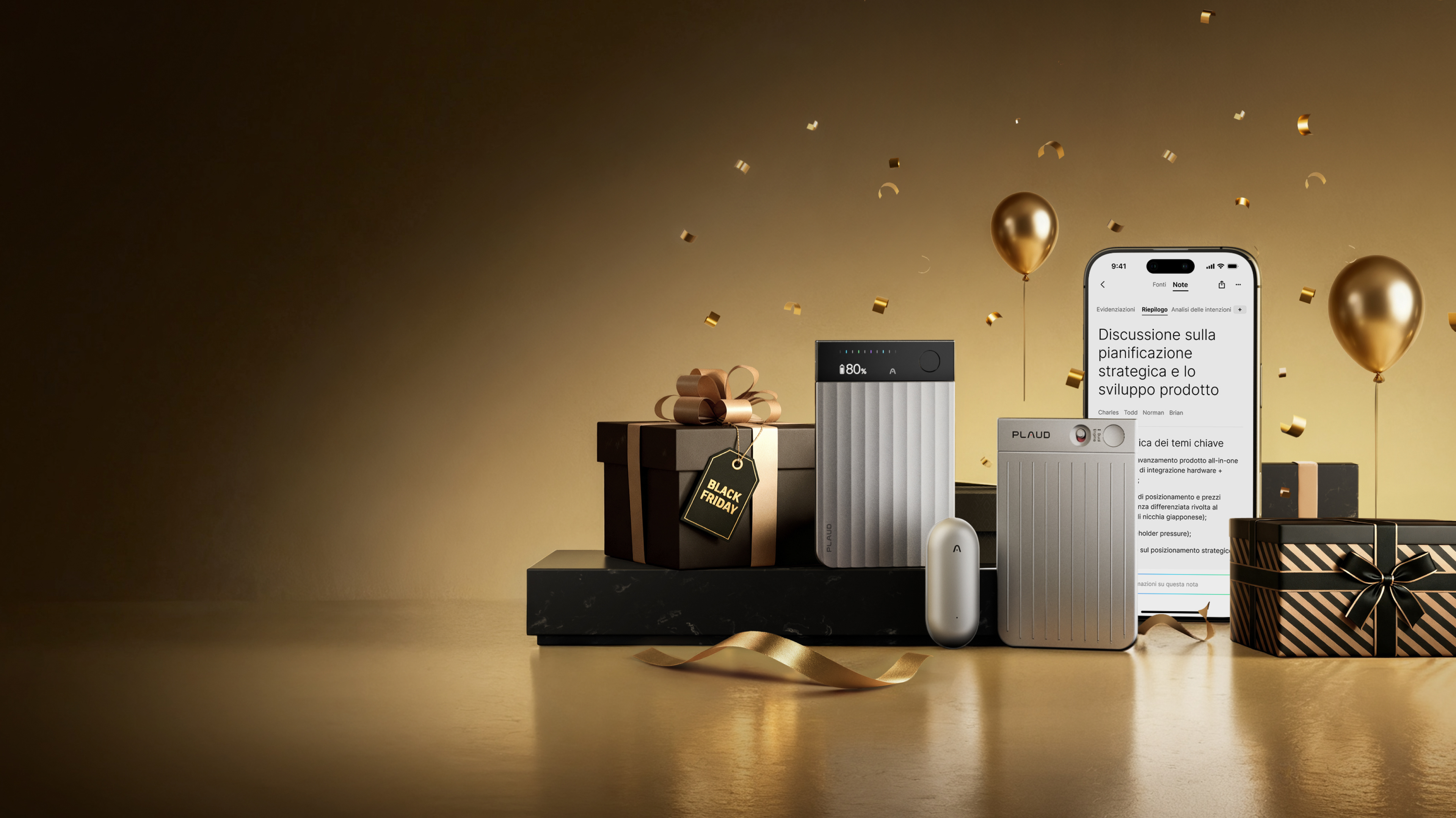 <span class="bfs-desc">Saldi del Black Friday</span>
<span class="black-friday-sale">
    Fino al <span class="highlight">20%</span> di <br>SCONTO
</span>
<span class="bfs-desc">
    I tuoi appunti alla velocità della luce <br>con Plaud
</span>
<style>
    .bfs-desc {
        display: block;
        font-size: 24px;
        font-weight: 400;
    }
    .black-friday-sale {
        font-size: 64px;
        line-height: 1.5;
    }
    .black-friday-sale .highlight {
        letter-spacing: -0.02em;
        background: linear-gradient(180deg, #F6E2A2 0%, #DEAA65 100%);
        -webkit-background-clip: text;
        -webkit-text-fill-color: transparent;
        background-clip: text;
        text-fill-color: transparent;
        font-size: 92px;
        font-weight: 600;
    }
    @media screen and (max-width:1600px) {
        .black-friday-sale {
            font-size: 52px;
        }
        .black-friday-sale .highlight {
            font-size: 72px;
        }
    }
    @media screen and (max-width: 768px) {
        .bfs-desc {
            font-size: 18px;
        }
        .black-friday-sale {
            font-size: 36px;
        }
        .black-friday-sale .highlight {
            font-size: 56px;
        }
    }
</style>