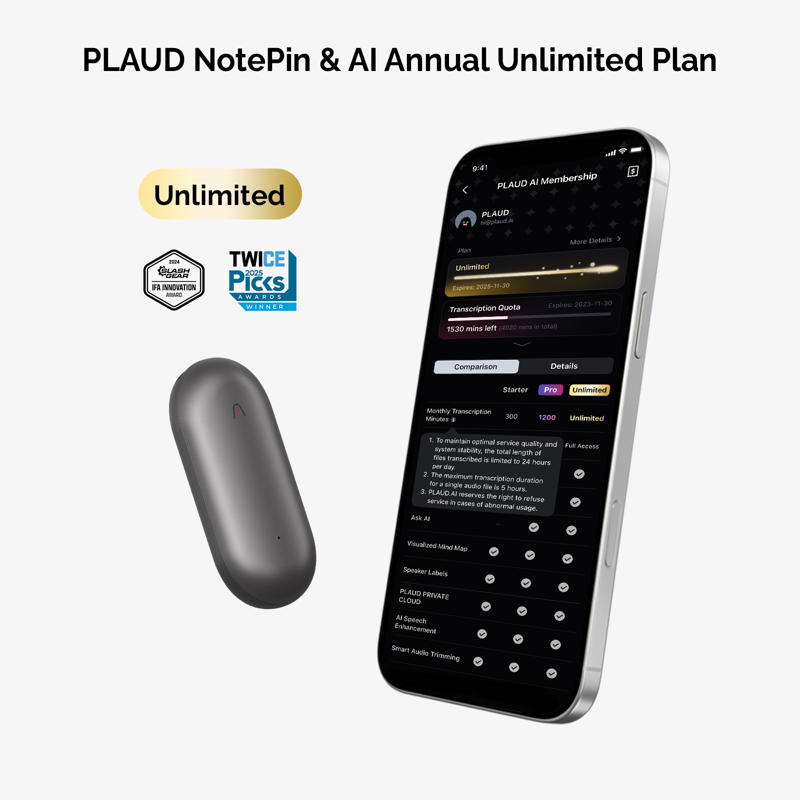 PLAUD NotePin e Piano annuale illimitato