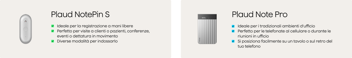 Plaud NotePin S (bianco) e Plaud Note Pro (grigio) con le loro caratteristiche principali e casi d'uso.