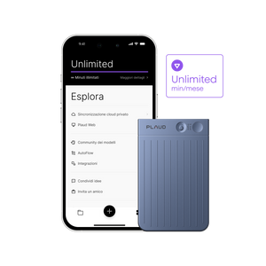 Plaud App con piano Unlimited e funzionalità Esplora, accanto a un Plaud Note blu/grigio.