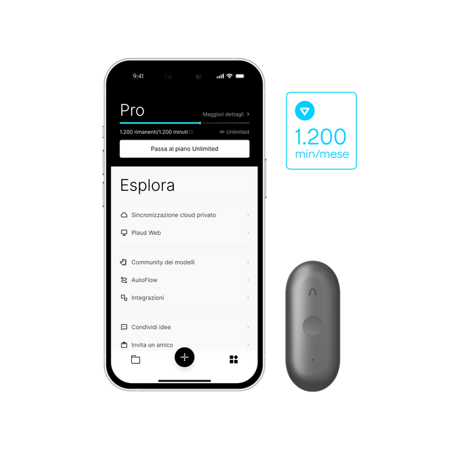 Schermata Plaud App: piano con 1200 min/mese e opzioni "Esplora". Accanto, un Plaud NotePin S grigio.