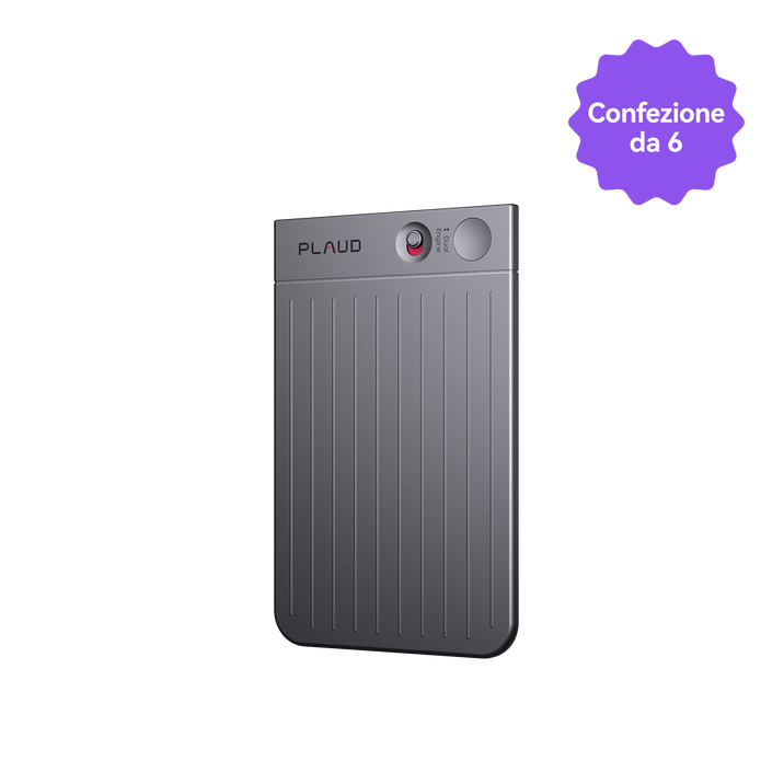 Plaud Note Pro grigio con texture a coste e badge viola "Confezione da 6".