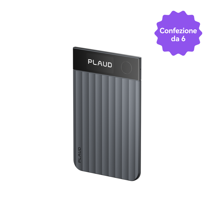 Plaud Note Pro grigio scuro, con confezione da 6 indicata da un badge viola.