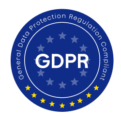 Sigillo blu di conformità GDPR con stelle e testo 'General Data Protection Regulation Compliant'.