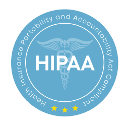Badge blu con testo bianco "HIPAA" e simbolo del caduceo, che indica la conformità al Health Insurance Portability and Accoun