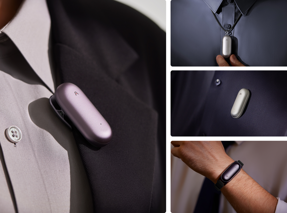 Plaud NotePin lavanda, argento e nero indossato come spilla, ciondolo e al polso, mostrando la sua versatilità.